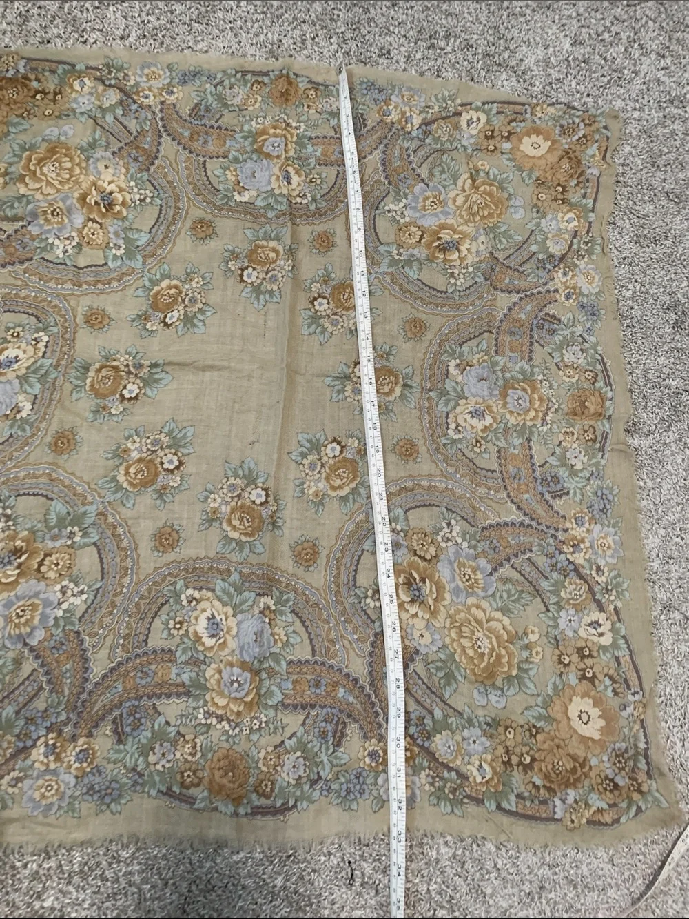 Vintage Liz Claiborne Floral Frayed Edges Wool Scarf in Sage Green and Beige